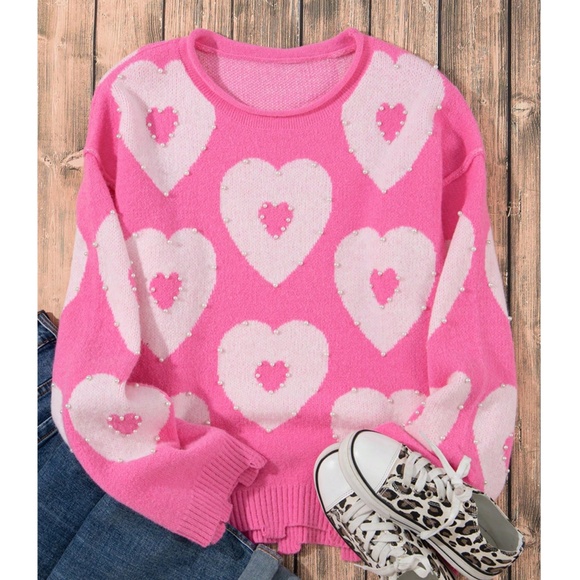 Vday Valentine’s Pink Loose Fit Faux Pearl Heart Sweater - Picture 4 of 6